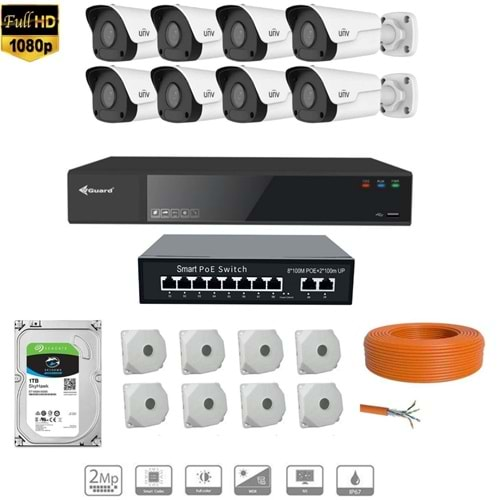 UNIVIEW 2 MP IP KAMERA 8 KAMERALI FULL HD SET