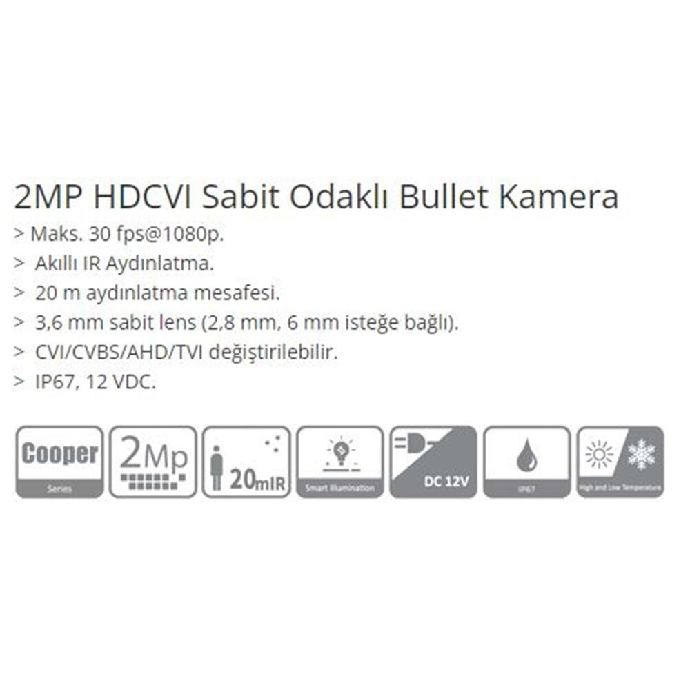 DAHUA HAC-B2A21 2MP HDCVI SABİT ODAKLI BULLET KAMERA METAL KASA