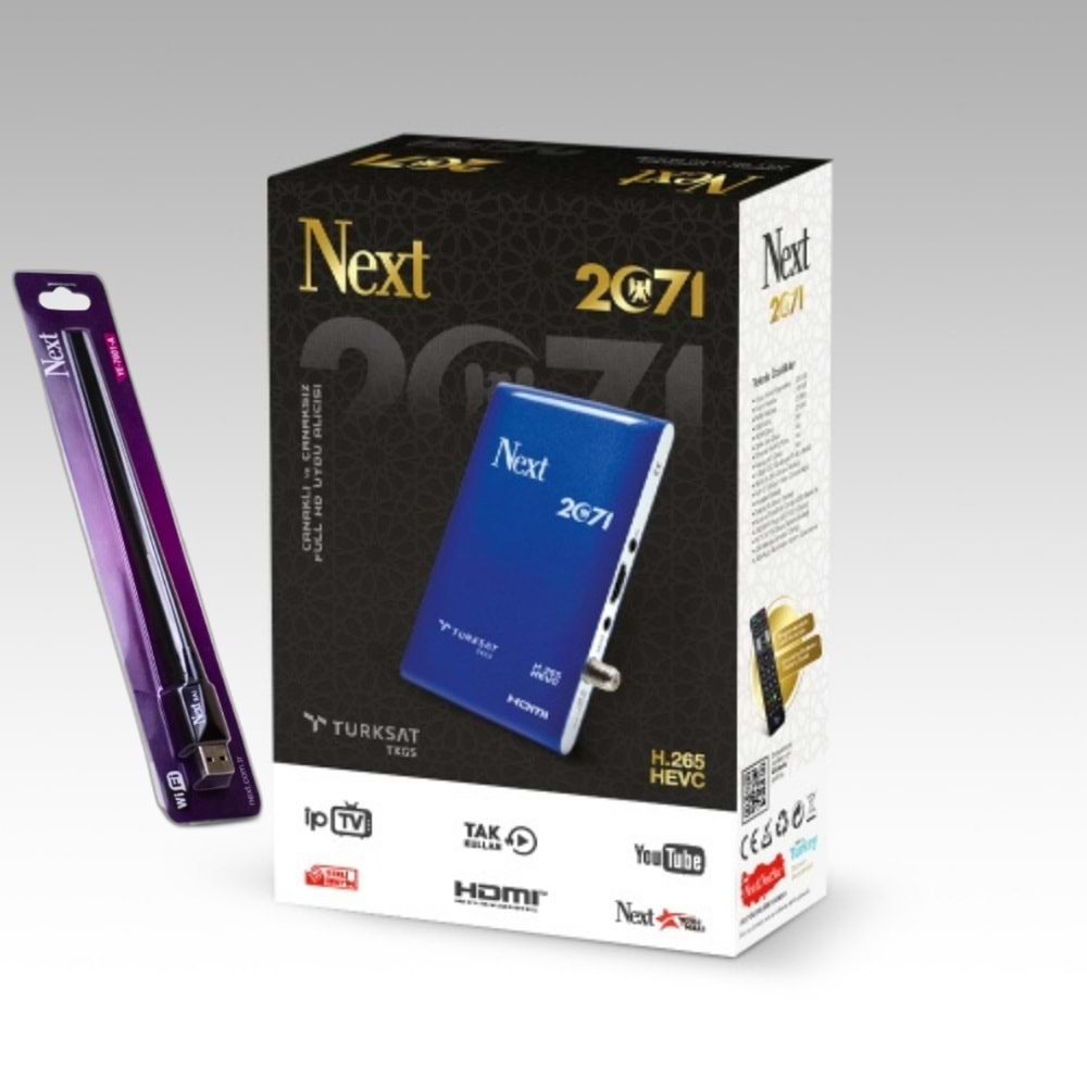 NEXT 2071 (H.265 HEVC) HD UYDU ALICISI & USB Wİ-Fİ ANTEN (Next A 7601) ADAPTÖR YOUTUBE İP TV